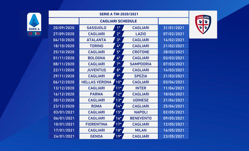 Calendario Serie A 2020/2021, Cagliari Calcio